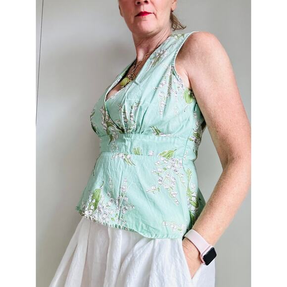 VTG 90s Cotton Peplum Mint Green Blouse Size L-10 Floral Print Retro Cottagecore - Picture 8 of 8